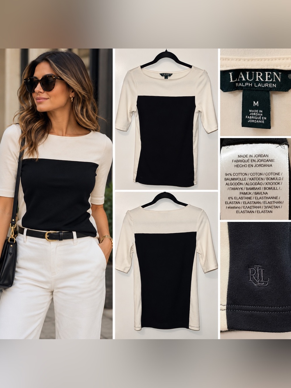 Lauren Ralph Lauren Black & Ivory Colorblock Stretch Top Size M